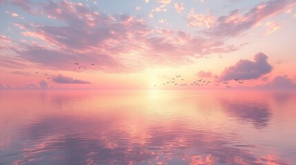 Obraz premium A sunset over the ocean with birds flying in the sky