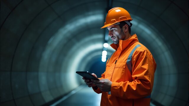 Construction worker checks his mobile device inside a dimly lit tunnel on a busy workday