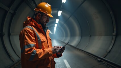 Construction worker checks his mobile device inside a dimly lit tunnel on a busy workday
