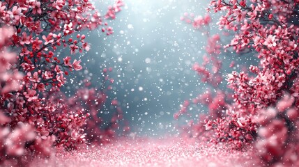 A field of pink flowers with snow falling on them