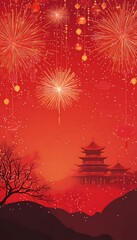 Festive Fireworks Over Red Landscape With Pagoda
