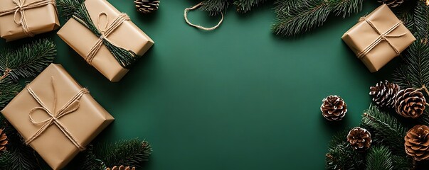 Festive Gifts and Pine Branches on Green Background