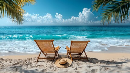 Two lounge chairs on a sandy beach with a hat on the sand