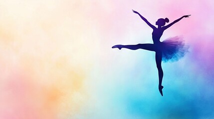   A ballerina in a multicolored dress stretches her arms
