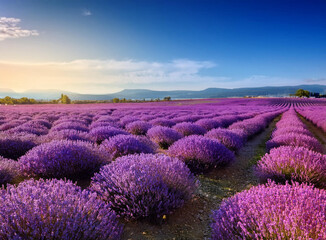  A lavender field in full bloom under a bright blue sky.