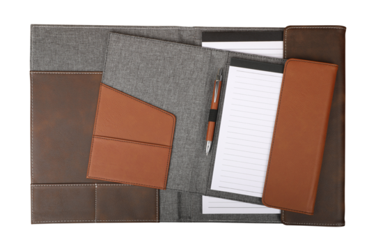 Leather and fabric flap portfolio. isolated png background.