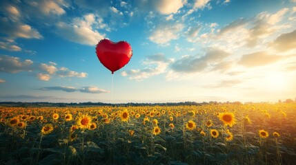 Red heart shaped balloon floats above sunflowers