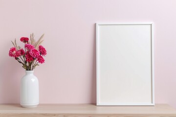Vertical Frame with Red Flowers and Dried Grass on Pink Background, Minimalist Interior Decor, Floral Still Life in White Vase, Large Copy Space, Portrait Format.

