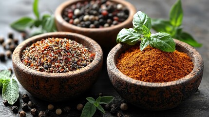 A variety of spices in wooden bowls on a table
