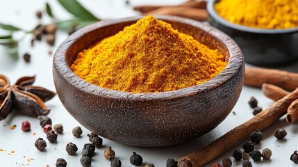 A wooden bowl filled with tumeric powder surrounded by spices