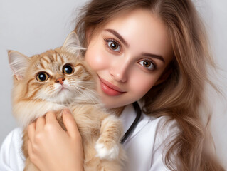 Smiling Female Doctor Holding Cat, Veterinary Care Concept