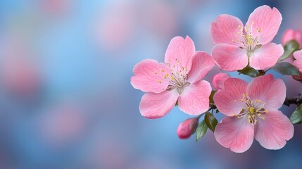 Obraz premium A branch with pink flowers on a blue background