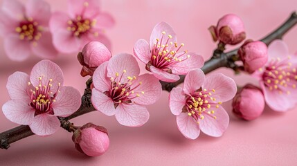 Naklejka premium A branch with pink flowers on a pink background