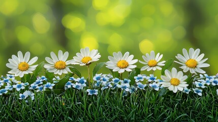 A field of daisies and forget-me-nots in the grass with a green background