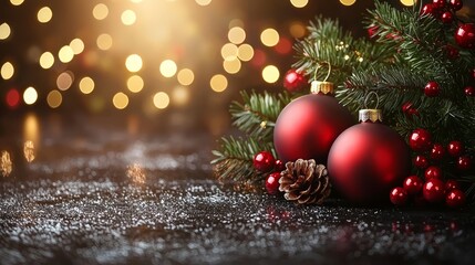A christmas tree with red ornaments and pine cones on a table