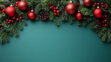 A border of red and green christmas ornaments on a blue background