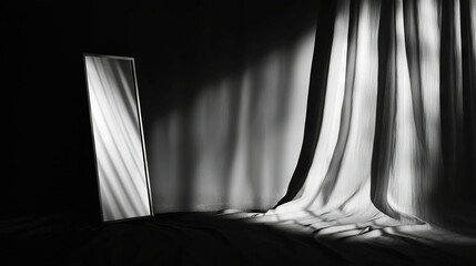   A monochrome image of a room featuring a draped window on one wall and a central mirror