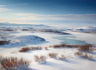 A frozen tundra landscape blanketed in snow.
