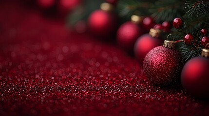 A red christmas ornament on a red glittery background
