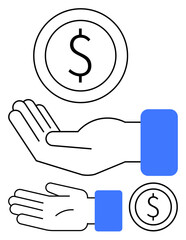 A vector image of an open hand holding a coin with a dollar sign. Ideal for finance, investment, economy, charity, savings, payment, and commerce themes. Line metaphor