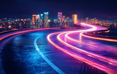 Fototapeta premium Colorful light trails on a wet winding road at night with city lights in the background