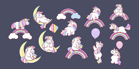 Vector illustration of cute unicorns Set of different cute funny unicorn