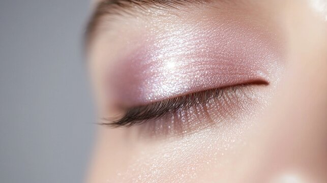 A woman's eye with a pink eye shadow