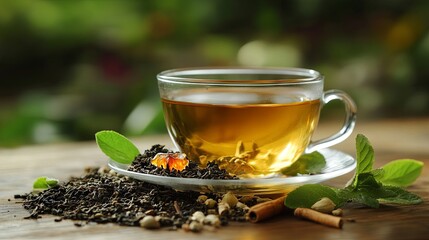 A cup of aromatic tea and spices near the tea, masala tea