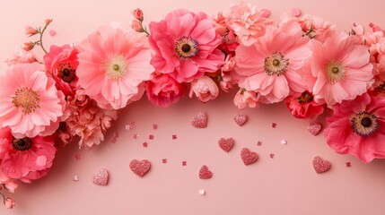 Fototapeta premium Pink Flowers and Glitter Hearts Festive Arrangement