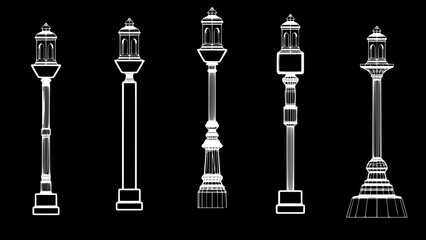 a close up of a group of street lights on a white background, Poles, lampposts, Street lamps, street lamps, street lanterns, street lighting, Street lighting, Street lighting, large beautiful street