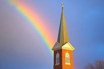 A rainbow arching over a church steeple on Easter morning