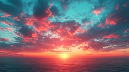 Fototapeta premium A colorful sunset over the ocean with clouds in the sky