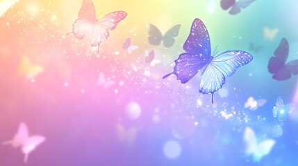 A charming rainbow background with sparkling effects, featuring a purple glow and butterflies