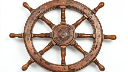 Obraz premium A wooden ship wheel on a white background