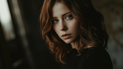 Fototapeta premium A woman with long brown hair and blue eyes looking at the camera