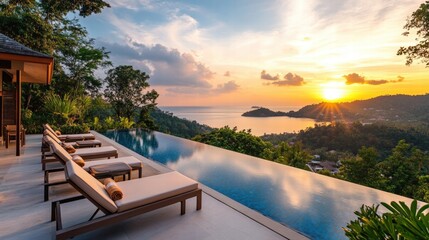 Fototapeta premium Infinity Pool Overlooking Sunset, Symbol of Luxury Travel and Relaxation