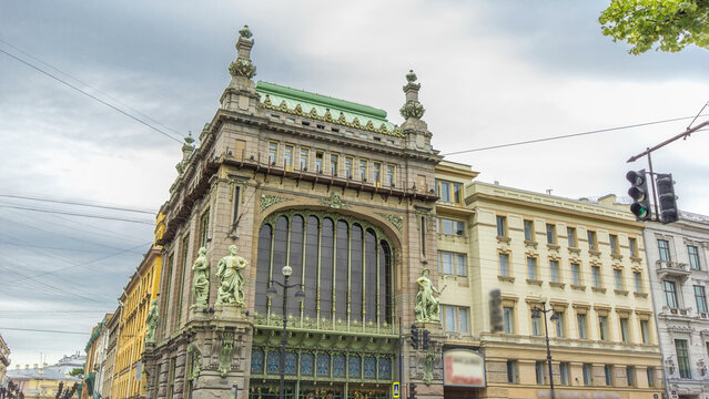 Traffic on Nevsky prospect near Eliseevsky store timelapse hyperlapse - the Comedy Theatre. ST. St. Petersburg, Russia.