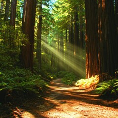 Obraz premium Sunlight filters through tall trees in a serene forest path.