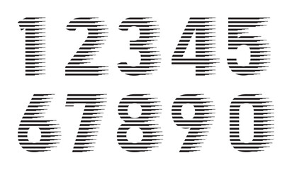 Set of Modern Number Font 0, 1, 2, 3, 4, 5, 6, 7, 8, 9, with horizontal speed line pattern. Lined Numbers style, Set of ten numbers form zero to nine. Template black numbers vector illustration.