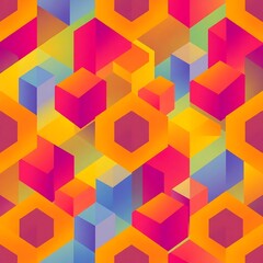 Geometric Abstract Pattern:  Vibrant, colorful, and dynamic, this seamless pattern features an intricate interplay of hexagons and cubes in a bold, graphic style.