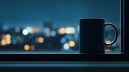  A coffee cup atop a windowsill, beside a cityscape backdrop