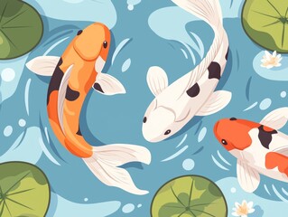 Naklejka premium Three colorful koi fish swimming in a serene pond with lily pads.