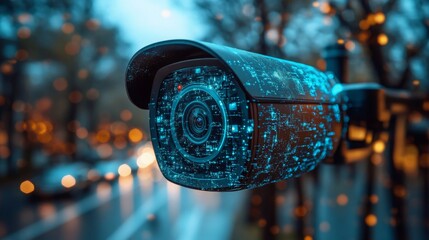 CCTV camera with AI integration monitors traffic in a busy urban area during evening hours