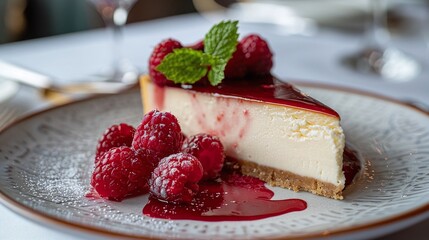 Slice of creamy cheesecake topped with fresh raspberries and raspberry sauce, gourmet dessert photography, elegant food styling, indulgent and vibrant, close-up concept

