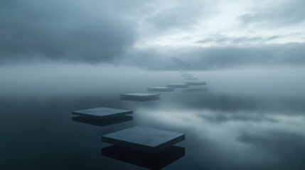 Fototapeta na wymiar A series of stepping stones are floating on a body of water