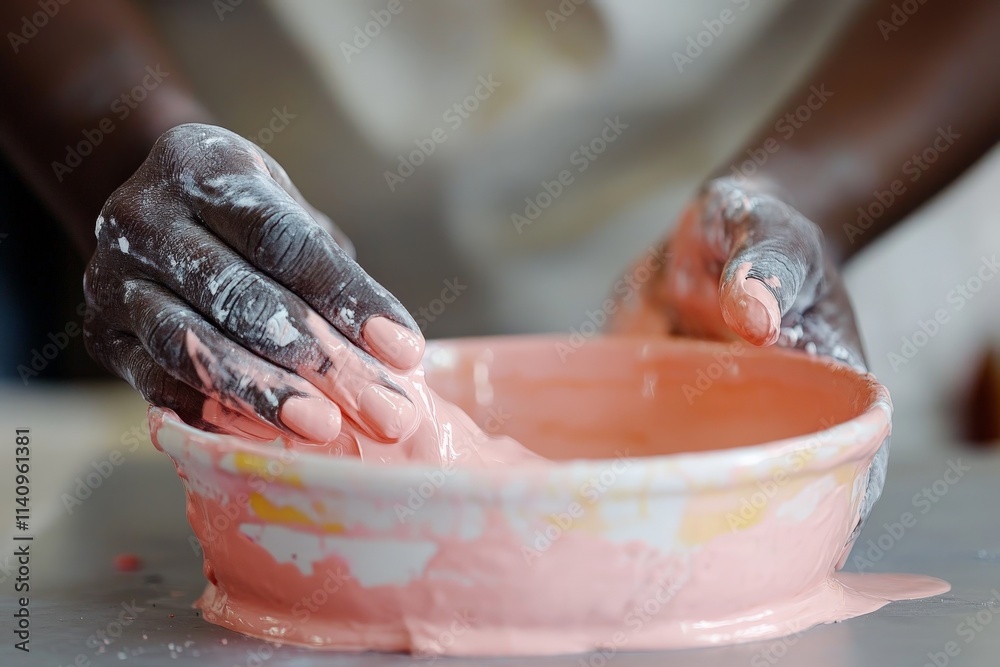 Aufkleber This image showcases a close-up of hands working with clay, blending creativity and skill to form a beautiful, glowing pink pottery piece on a serene setting.