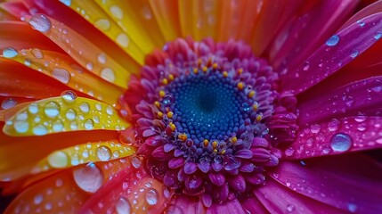 Close up of colorful flower petals adorned with sparkling water droplets in natural light