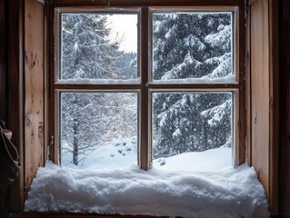 Snowy Winter Landscape Viewed Through a Wooden Window