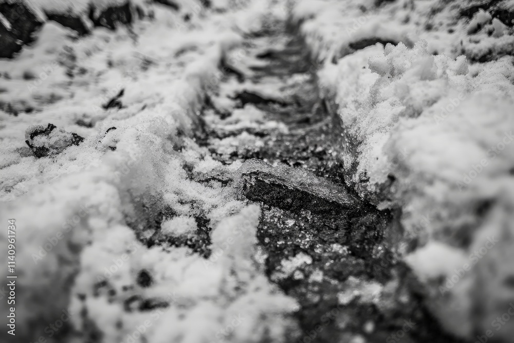 Poster a monochromatic view of a snowy pathway, dotted with rocks and ice, inviting contemplation and explo