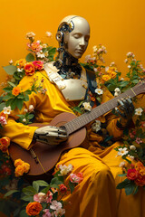 Fototapeta premium A robot sitting in a yellow dress playing a guitar surrounded by flowers